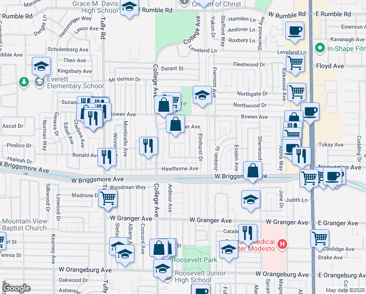 map of restaurants, bars, coffee shops, grocery stores, and more near 1913 Somerset Drive in Modesto