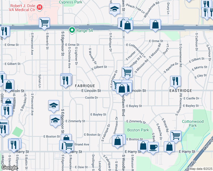 map of restaurants, bars, coffee shops, grocery stores, and more near 883 South Fabrique Drive in Wichita