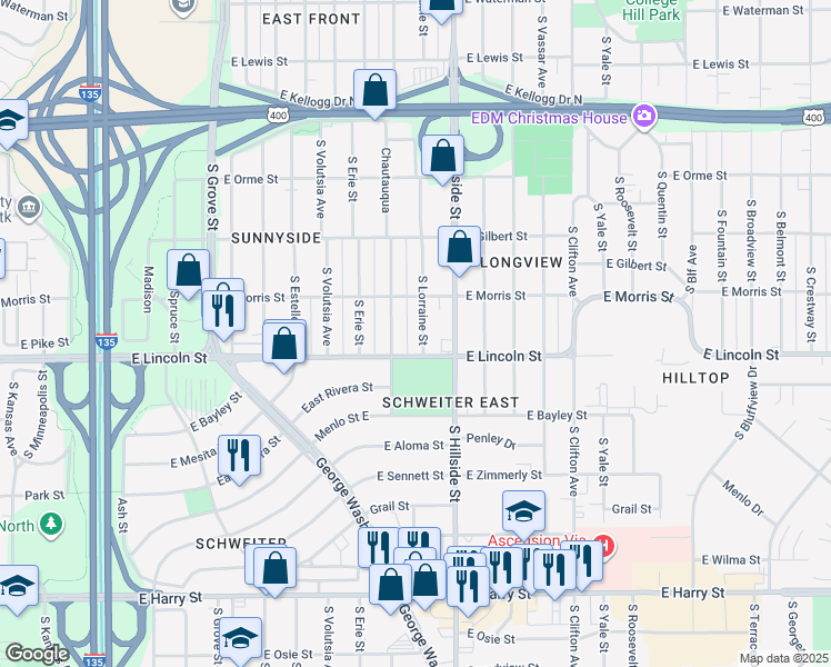 map of restaurants, bars, coffee shops, grocery stores, and more near 837 South Lorraine Street in Wichita