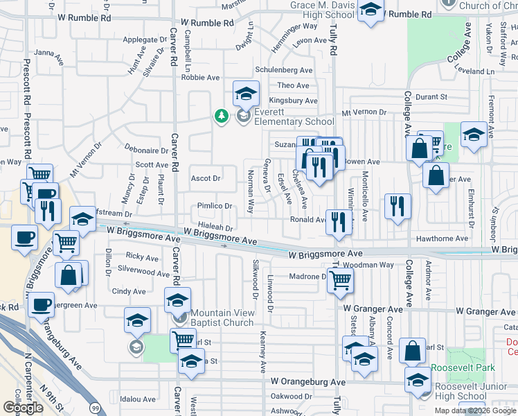 map of restaurants, bars, coffee shops, grocery stores, and more near 1514 Lorainne Avenue in Modesto