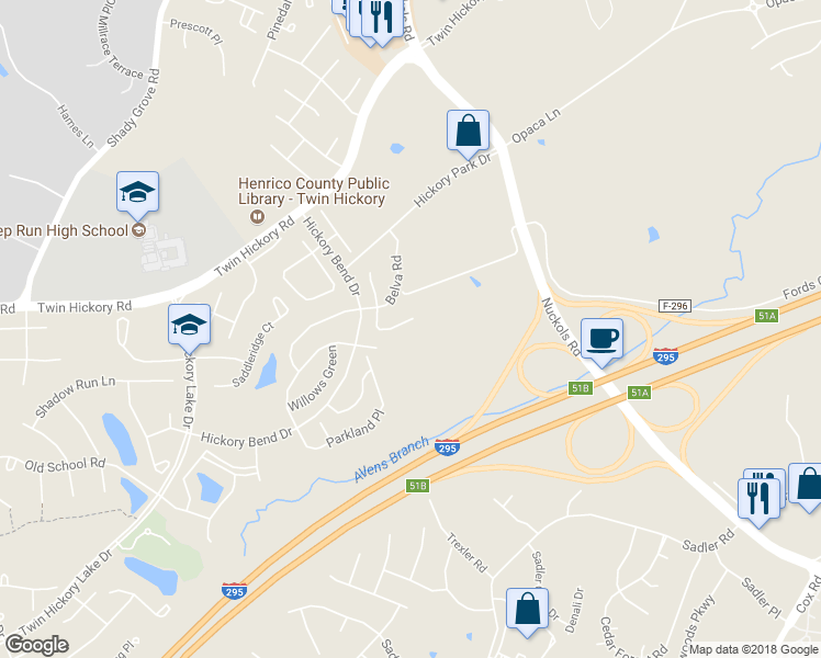 map of restaurants, bars, coffee shops, grocery stores, and more near 908 Belva Lane in Glen Allen
