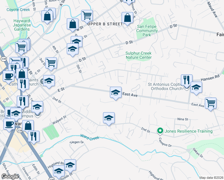map of restaurants, bars, coffee shops, grocery stores, and more near 1696 East Avenue in Hayward