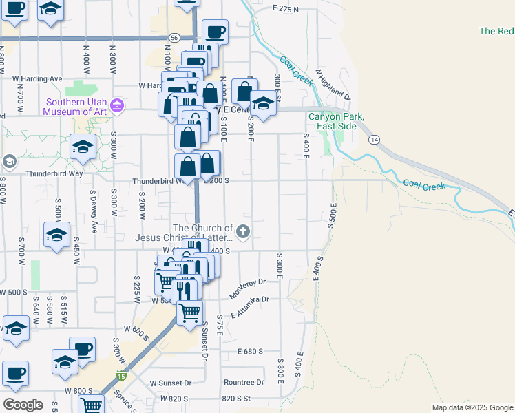 map of restaurants, bars, coffee shops, grocery stores, and more near 271 South 200 East in Cedar City