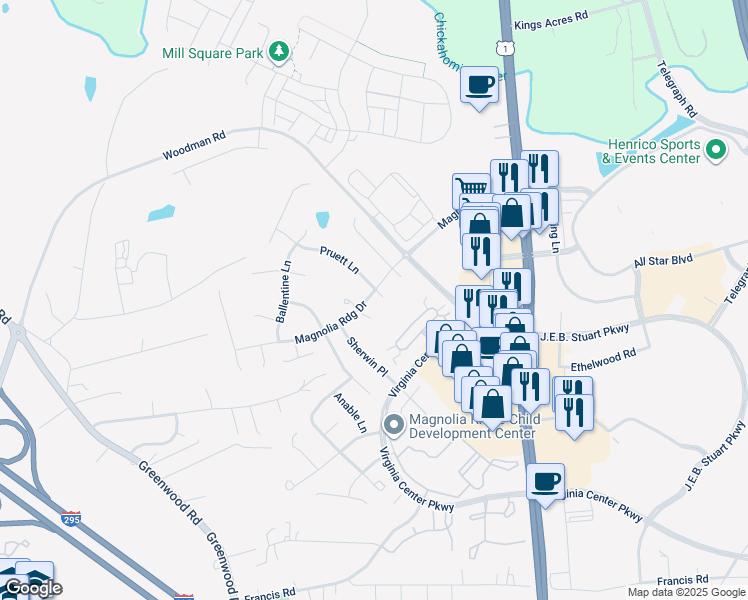 map of restaurants, bars, coffee shops, grocery stores, and more near 10609 Lillian Court in Glen Allen