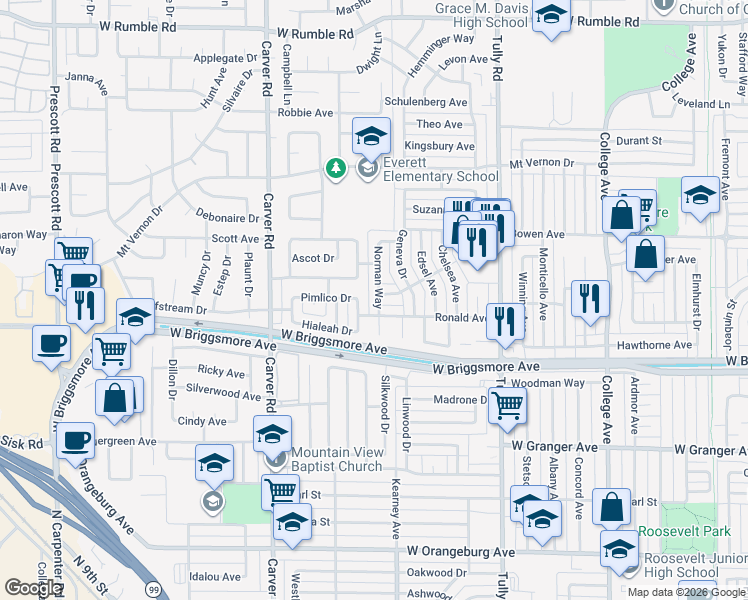 map of restaurants, bars, coffee shops, grocery stores, and more near 1514 Lorainne Avenue in Modesto