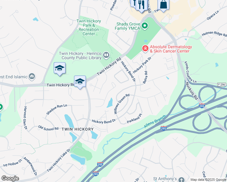 map of restaurants, bars, coffee shops, grocery stores, and more near 4929 Saddleridge Court in Glen Allen