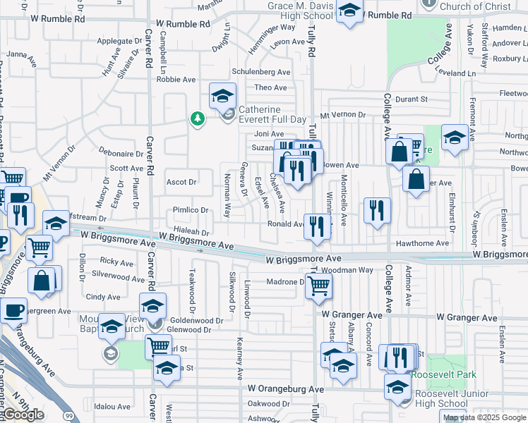 map of restaurants, bars, coffee shops, grocery stores, and more near 1909 Edsel Avenue in Modesto