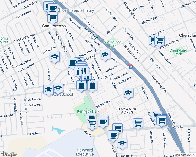 map of restaurants, bars, coffee shops, grocery stores, and more near 18773 Melrose Avenue in Hayward