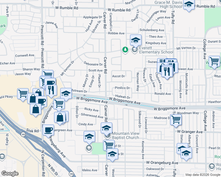 map of restaurants, bars, coffee shops, grocery stores, and more near 1905 Arlington Drive in Modesto
