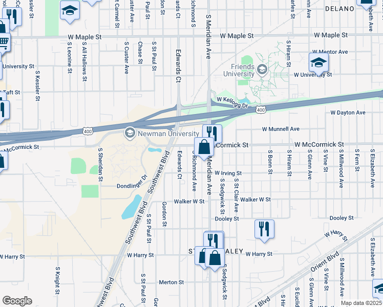 map of restaurants, bars, coffee shops, grocery stores, and more near 1017 Richmond South in Wichita