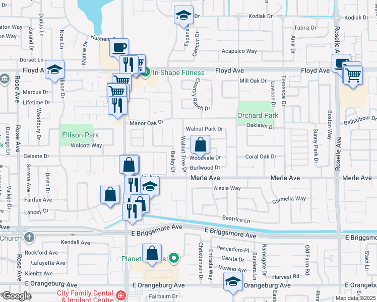 map of restaurants, bars, coffee shops, grocery stores, and more near 2400 Walnut Grove Way in Modesto