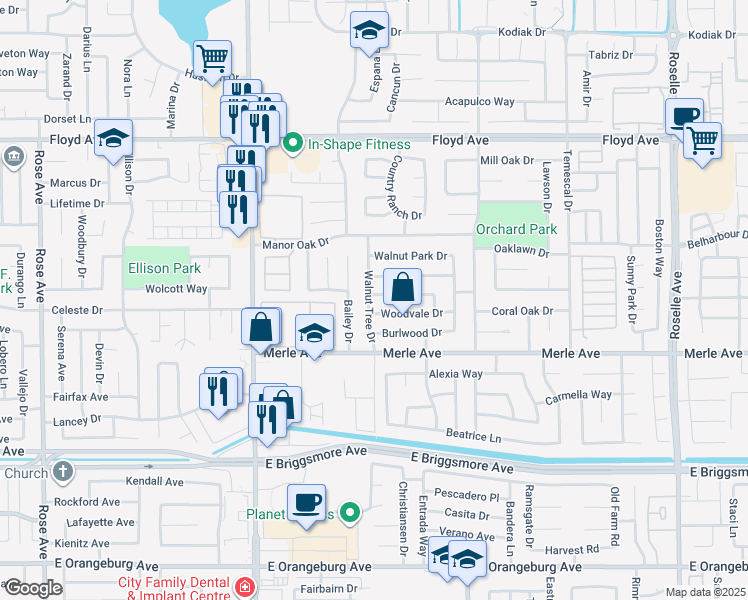 map of restaurants, bars, coffee shops, grocery stores, and more near 2400 Walnut Grove Way in Modesto