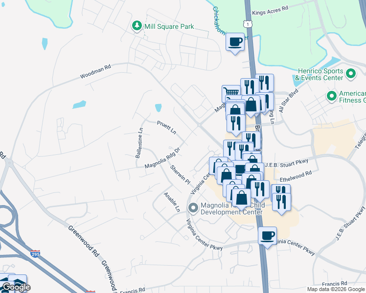map of restaurants, bars, coffee shops, grocery stores, and more near 10609 Lillian Court in Glen Allen