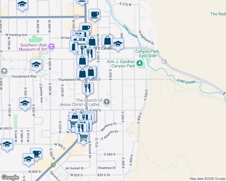 map of restaurants, bars, coffee shops, grocery stores, and more near 271 200 East Street in Cedar City