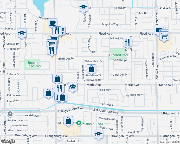 map of restaurants, bars, coffee shops, grocery stores, and more near 2500 Walnut Grove Way in Modesto