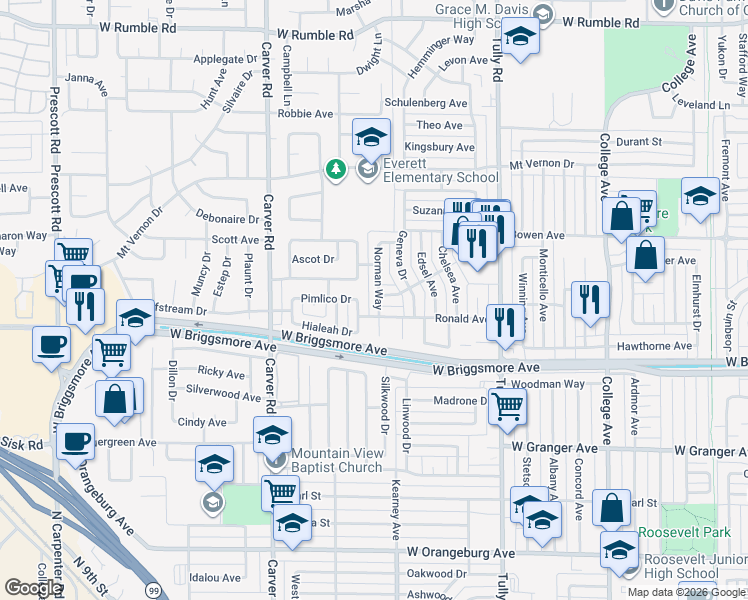 map of restaurants, bars, coffee shops, grocery stores, and more near 1514 Lorainne Avenue in Modesto