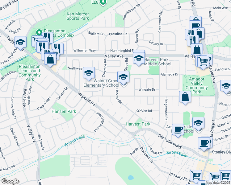map of restaurants, bars, coffee shops, grocery stores, and more near 1874 Harvest Road in Pleasanton