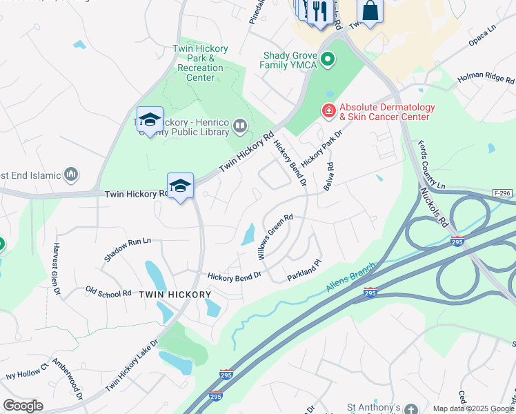 map of restaurants, bars, coffee shops, grocery stores, and more near 4929 Saddleridge Court in Glen Allen
