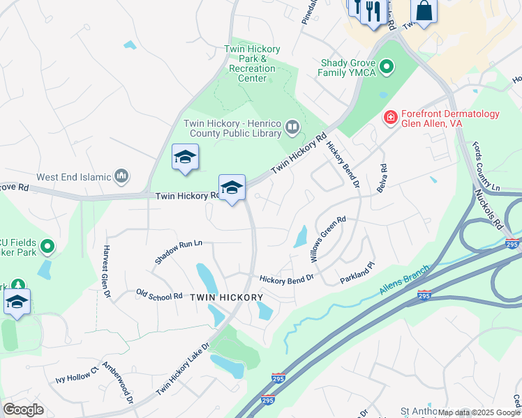 map of restaurants, bars, coffee shops, grocery stores, and more near 4917 Hickory Downs Drive in Glen Allen