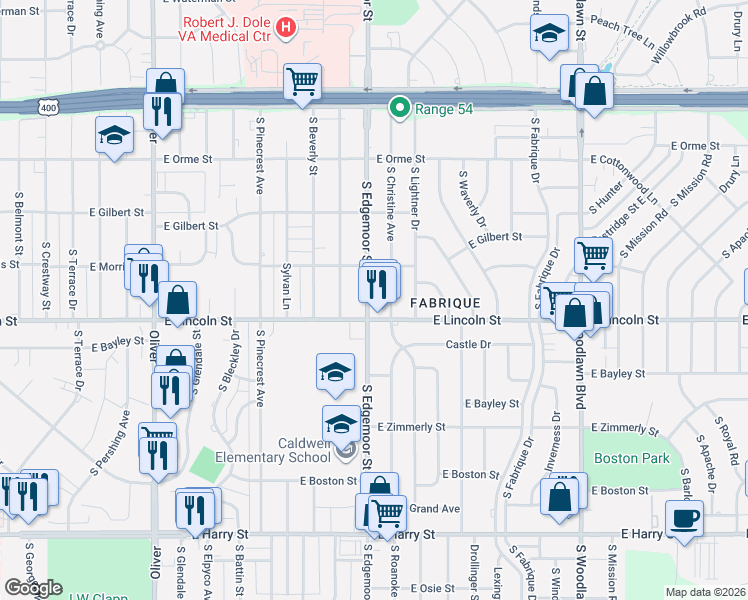 map of restaurants, bars, coffee shops, grocery stores, and more near 845 South Christine Avenue in Wichita