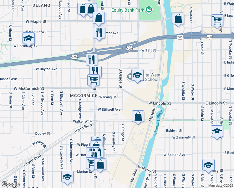 map of restaurants, bars, coffee shops, grocery stores, and more near 818 W Irving St in Wichita