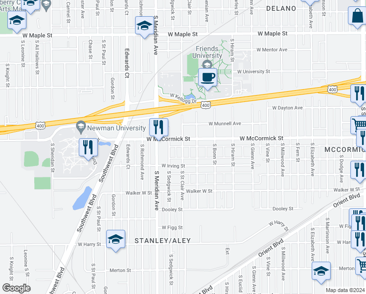 map of restaurants, bars, coffee shops, grocery stores, and more near 908 South Sedgwick Street in Wichita