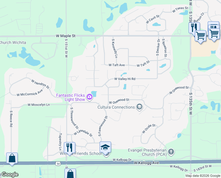map of restaurants, bars, coffee shops, grocery stores, and more near West McCormick Circle in Wichita
