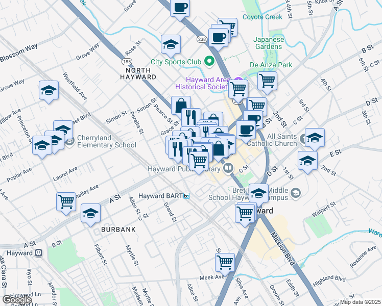 map of restaurants, bars, coffee shops, grocery stores, and more near 770 A Street in Hayward
