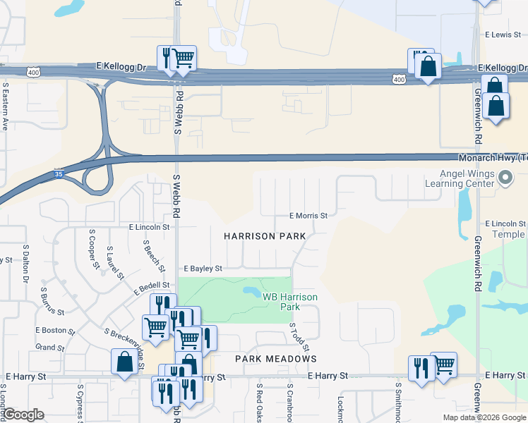 map of restaurants, bars, coffee shops, grocery stores, and more near 830 East Morris Street in Wichita