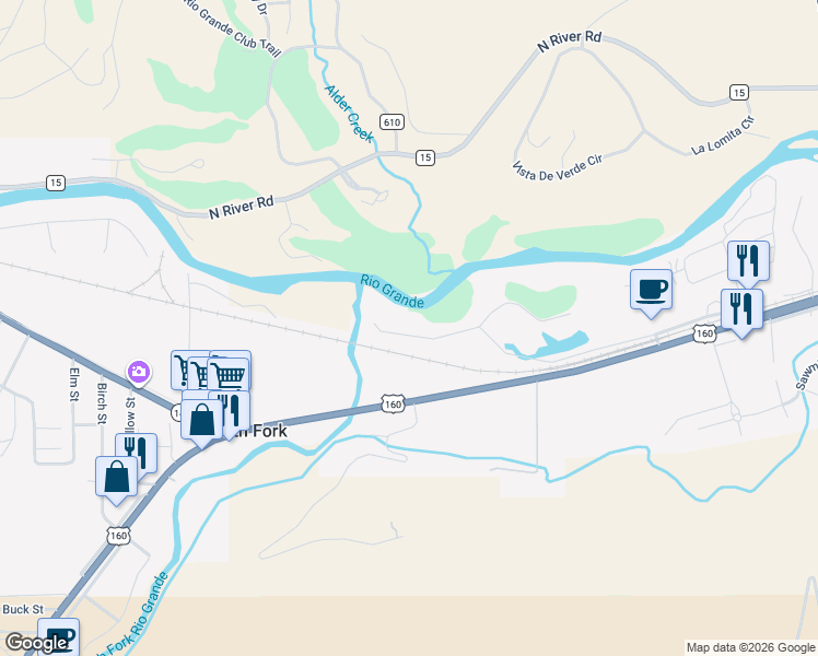 map of restaurants, bars, coffee shops, grocery stores, and more near 163 West Riverside Court in South Fork