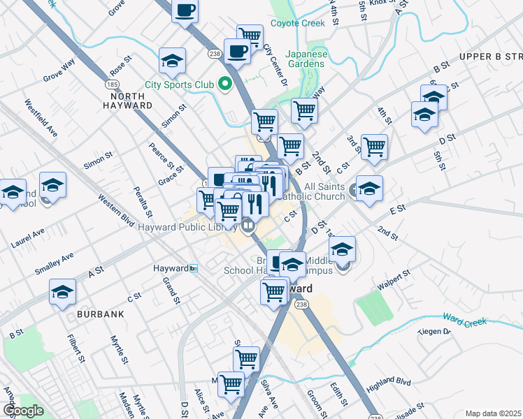 map of restaurants, bars, coffee shops, grocery stores, and more near 971 B Street in Hayward