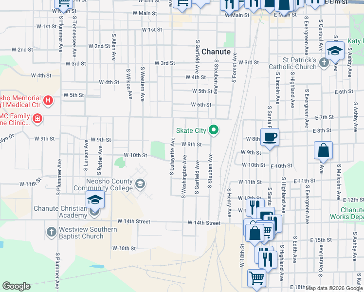 map of restaurants, bars, coffee shops, grocery stores, and more near 901 South Washington Avenue in Chanute