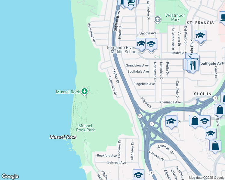 map of restaurants, bars, coffee shops, grocery stores, and more near 69 Oceanside Drive in Daly City