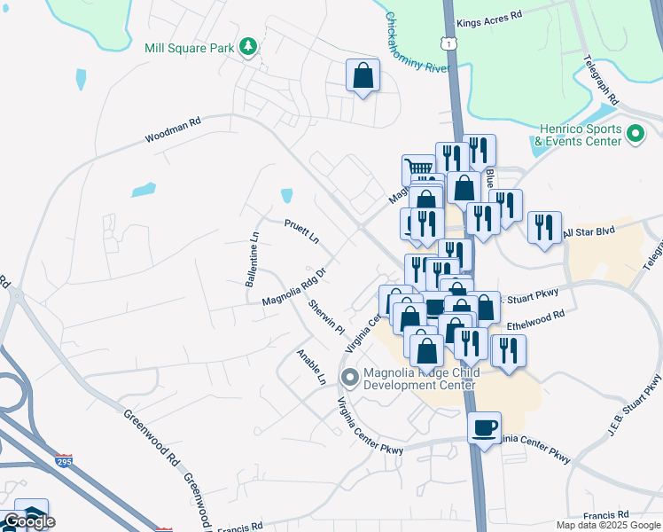map of restaurants, bars, coffee shops, grocery stores, and more near 10609 Lillian Court in Glen Allen