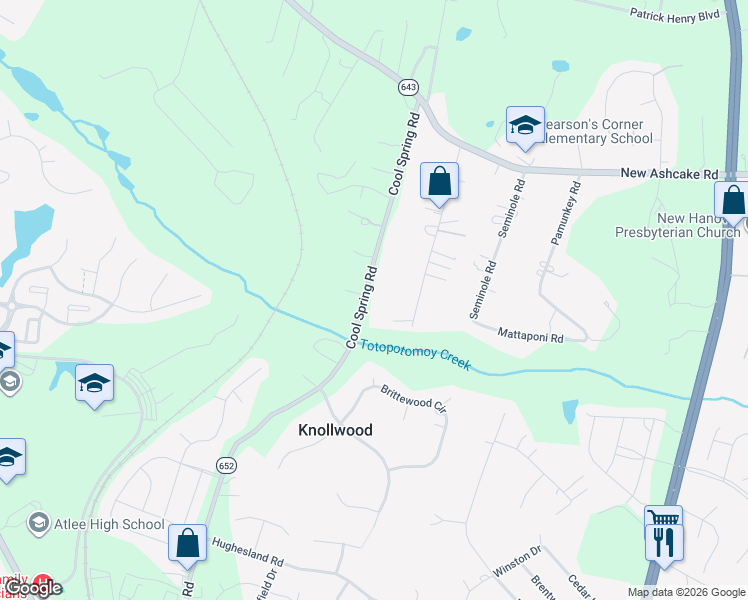 map of restaurants, bars, coffee shops, grocery stores, and more near 10010 Cool Spring Road in Mechanicsville