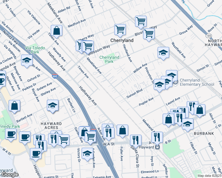 map of restaurants, bars, coffee shops, grocery stores, and more near 21689 Meekland Avenue in Hayward
