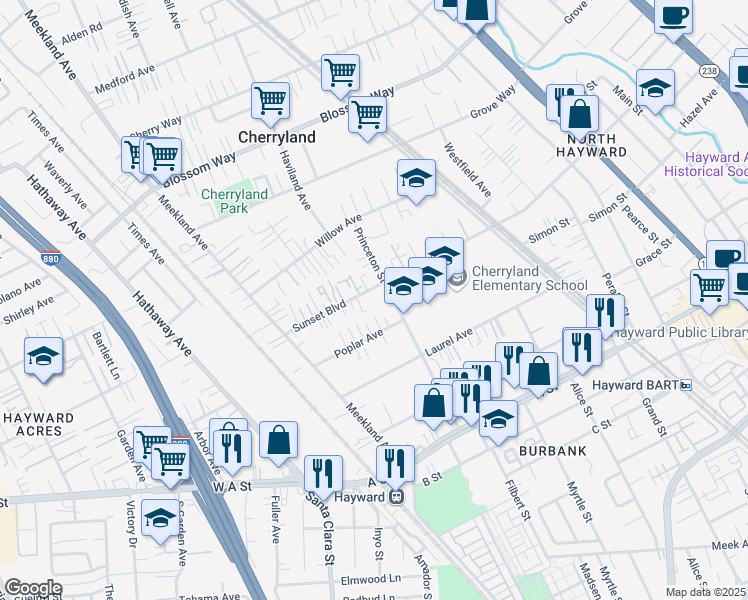 map of restaurants, bars, coffee shops, grocery stores, and more near 285 Sunset Boulevard in Hayward