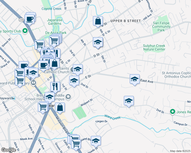 map of restaurants, bars, coffee shops, grocery stores, and more near 1349 E Street in Hayward