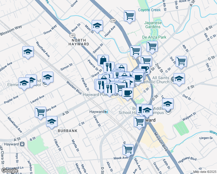 map of restaurants, bars, coffee shops, grocery stores, and more near 770 A Street in Hayward
