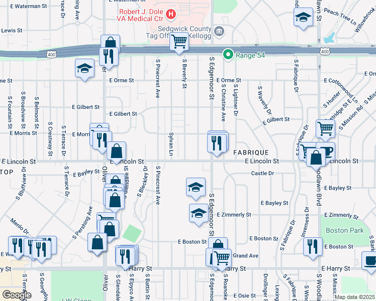 map of restaurants, bars, coffee shops, grocery stores, and more near 840 South Beverly Street in Wichita