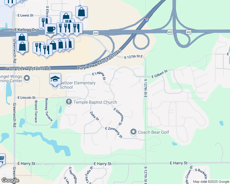 map of restaurants, bars, coffee shops, grocery stores, and more near 2339 East Lincoln Court in Wichita