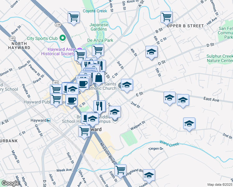 map of restaurants, bars, coffee shops, grocery stores, and more near 1175 D Street in Hayward