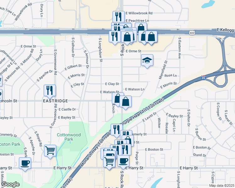 map of restaurants, bars, coffee shops, grocery stores, and more near 7915 East Watson Lane in Wichita