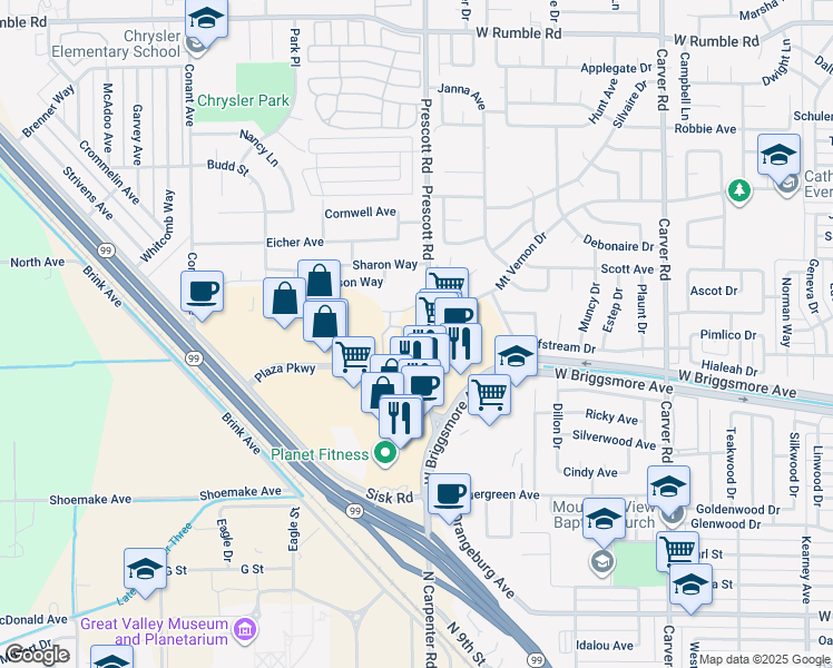 map of restaurants, bars, coffee shops, grocery stores, and more near 1901b Prescott Road in Modesto