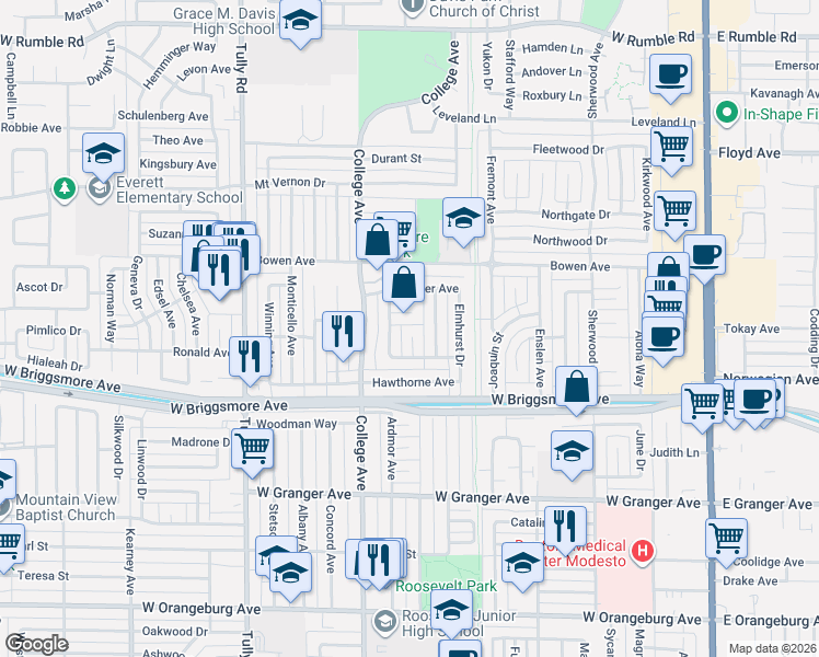 map of restaurants, bars, coffee shops, grocery stores, and more near 1012 Sansome Court in Modesto