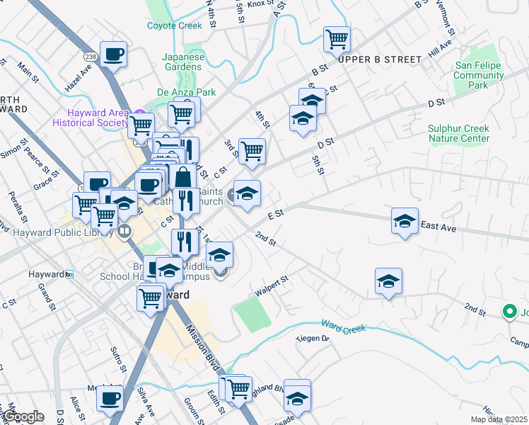 map of restaurants, bars, coffee shops, grocery stores, and more near 1275 E Street in Hayward