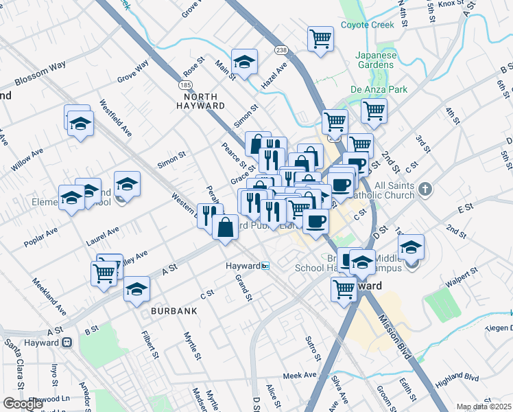 map of restaurants, bars, coffee shops, grocery stores, and more near 22414 Montgomery Street in Hayward