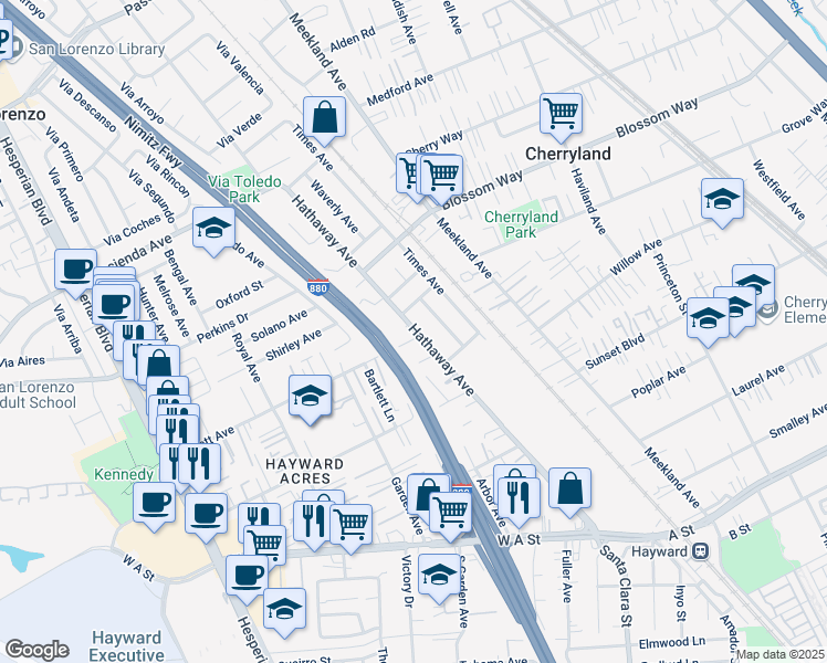map of restaurants, bars, coffee shops, grocery stores, and more near 20957 Hathaway Avenue in Hayward
