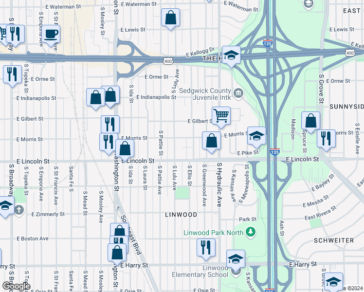 map of restaurants, bars, coffee shops, grocery stores, and more near 1133 Ellis South in Wichita