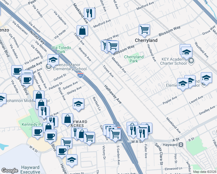 map of restaurants, bars, coffee shops, grocery stores, and more near 21014 Hathaway Avenue in Hayward